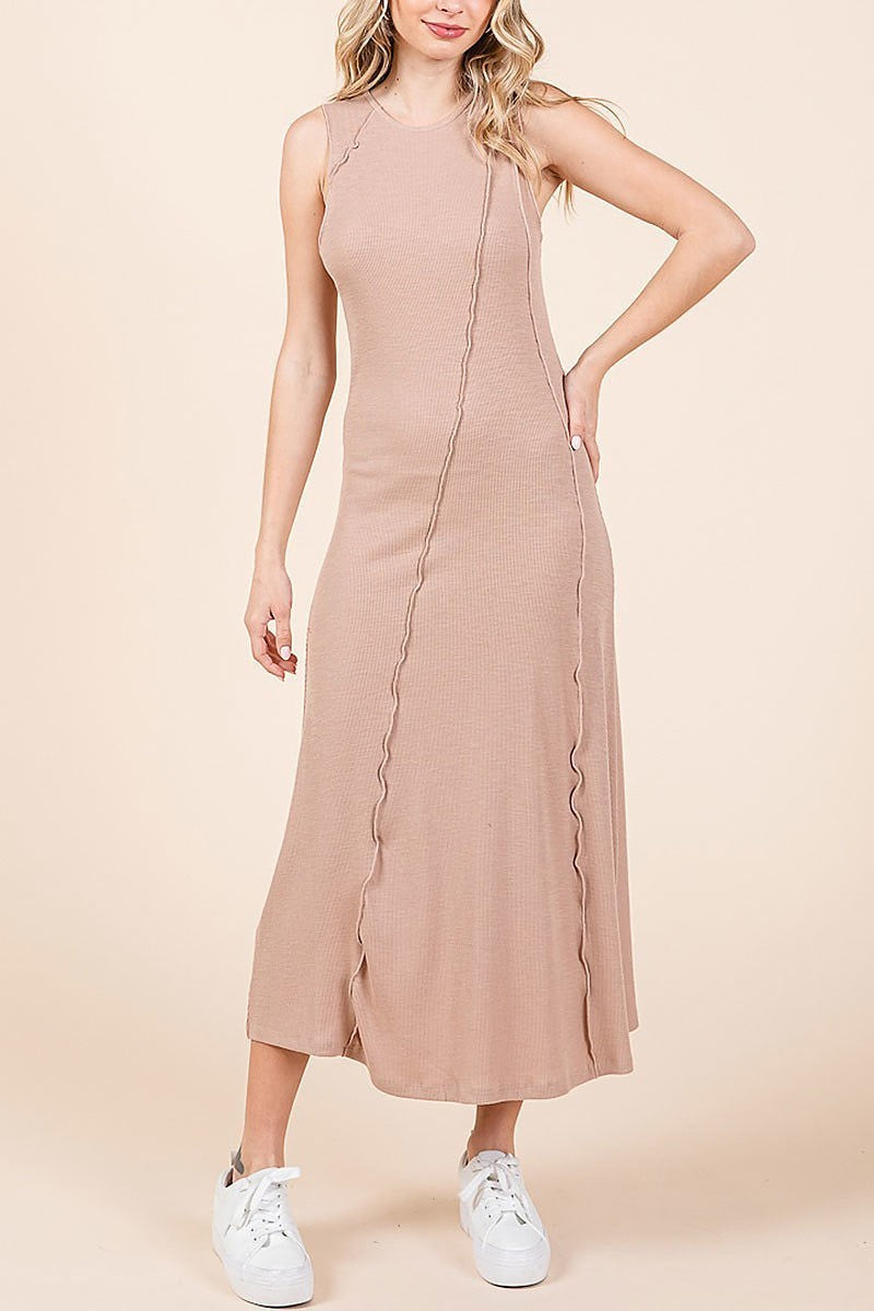 Solid sleeveless exposed seam rib knit midi dress (EDH2163)