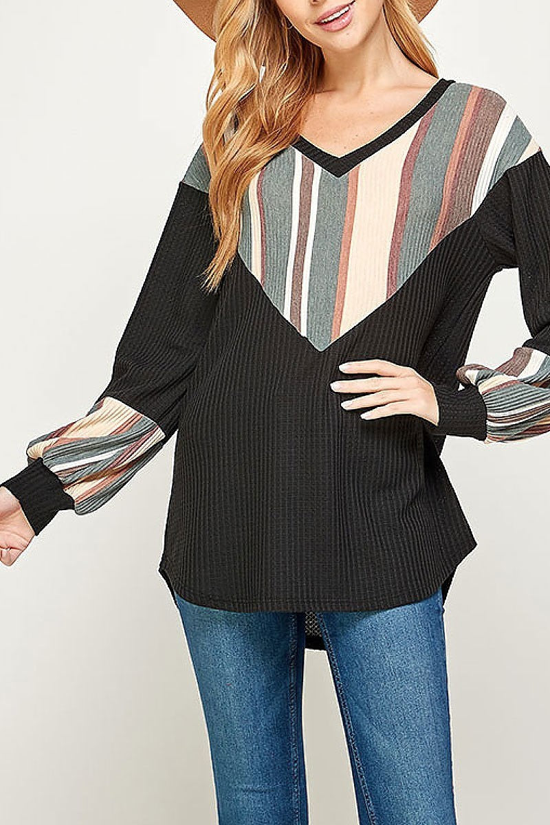 Stripe color block bubble sleeve top (ET2373)