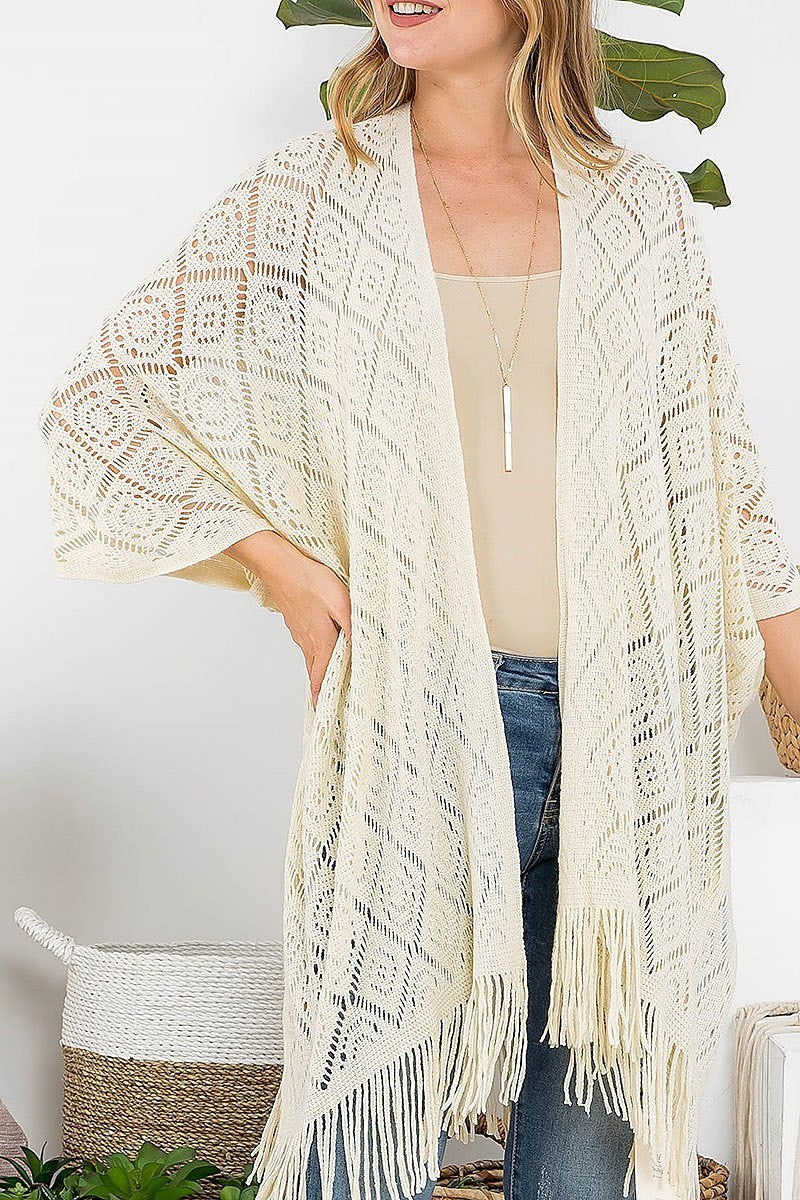 Crochet diamond pattern fringe kimono (DGS5425)