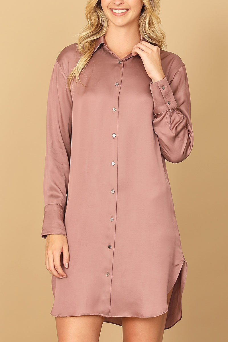 Long sleeve collared button down curve hem dress (DED9788)