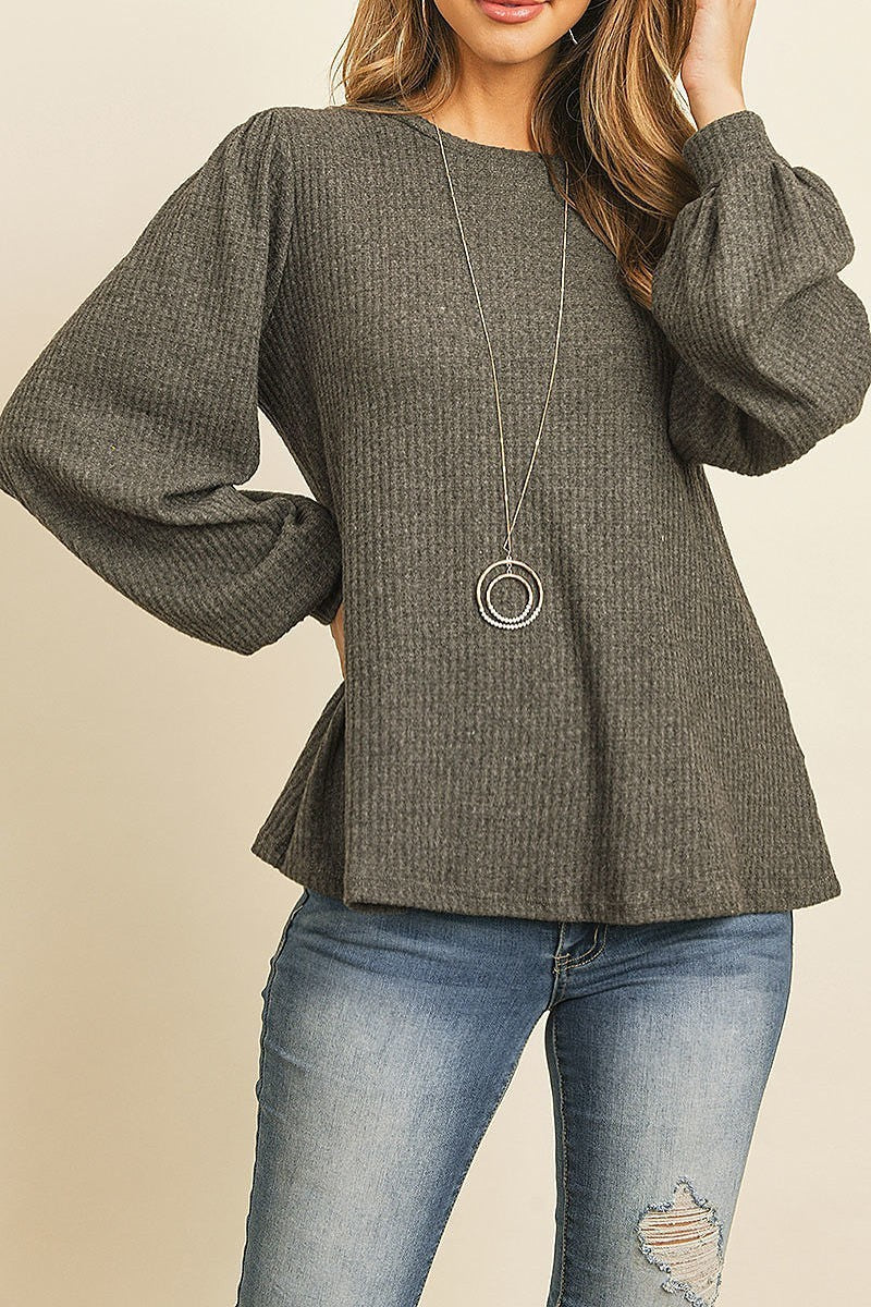 Long puff sleeve round neck waffle brushed loose fit top (ED8100-8)