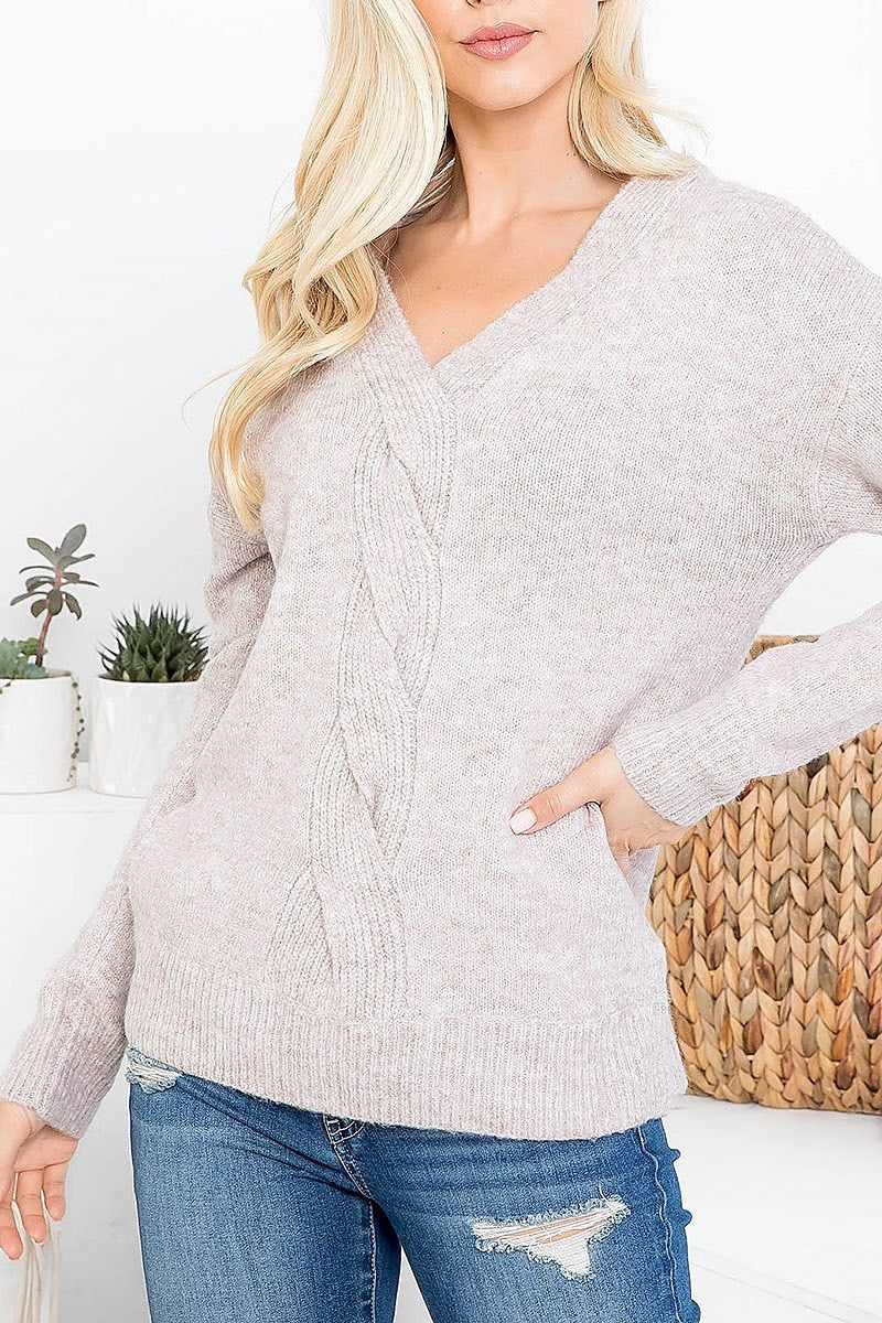 Cable design v neck sweater (DGS5361-1)