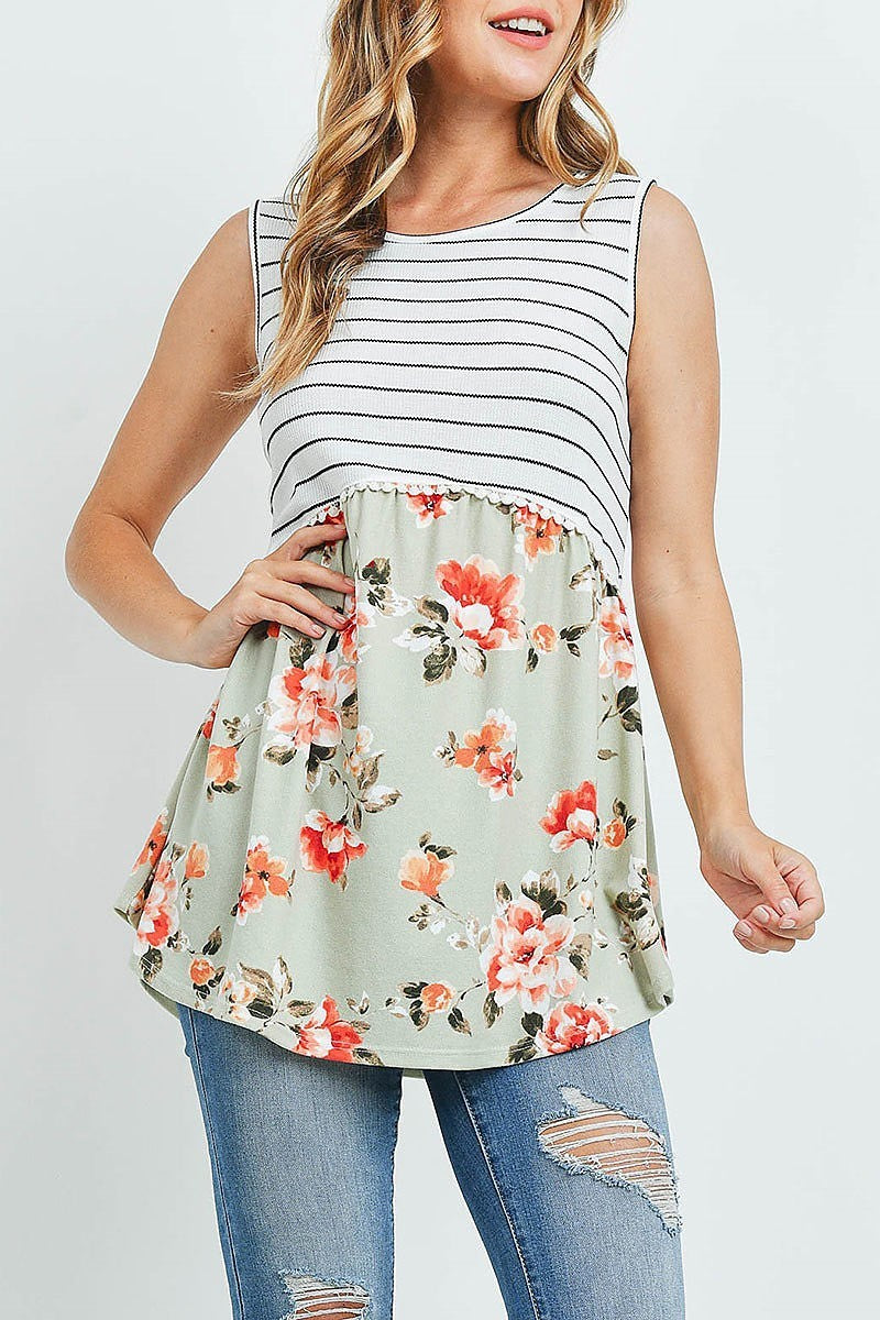 Pompom detail stripes floral contrast top (ED9772)