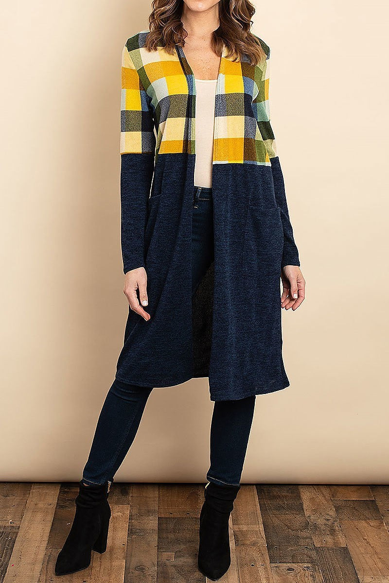 Checker color block pocket detail cardigan sweater (DGS4953-3)