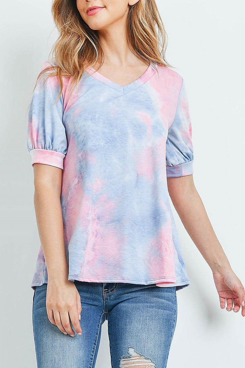 Puff sleeves v neck tie dye top (ED9163)