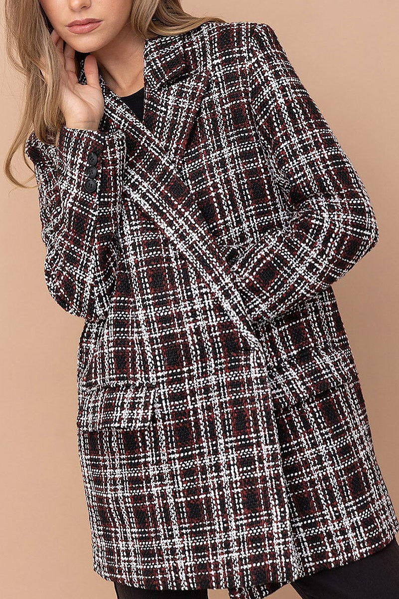 Long sleeve button closure pockets plaid blazer (EFWT4634)