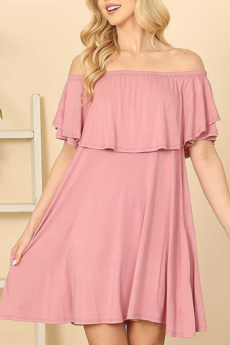 Ruffle off shoulder solid dress (DED9402)