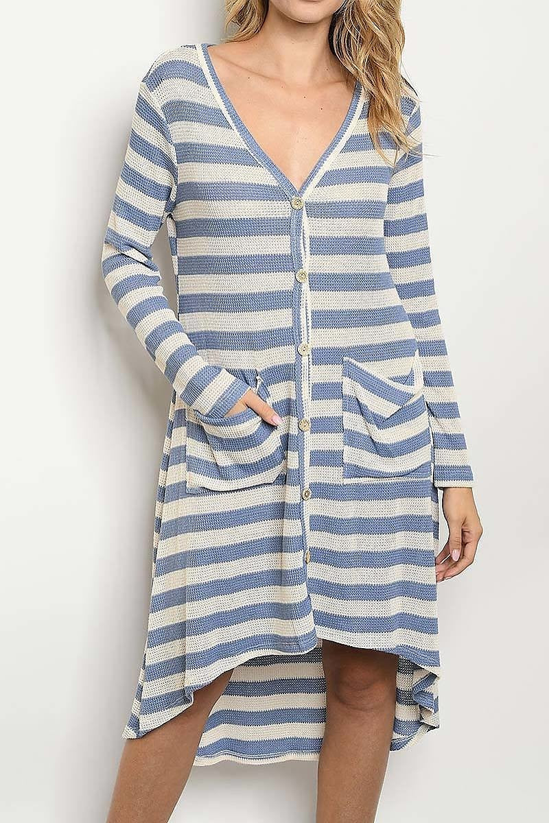 V neck pocket detail stripe hi lo dress (DED4651-3)