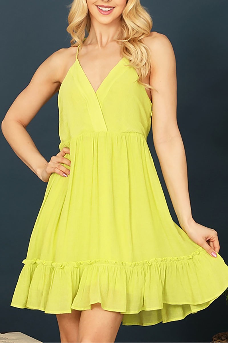 Spaghetti strap wrap detail ruffle hem dress (DED9287)