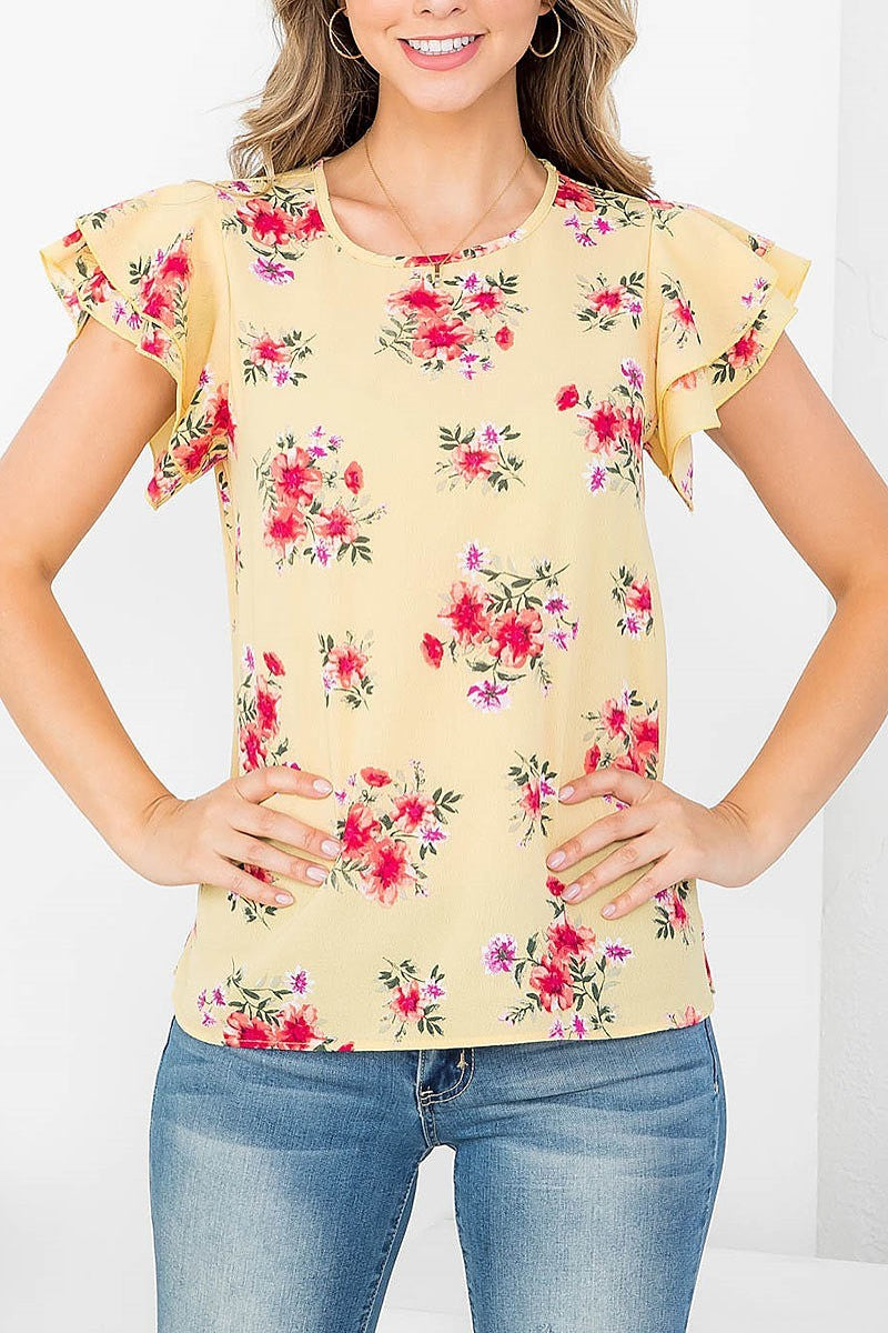 Ruffle sleeve round neck floral blouse (EF4371)