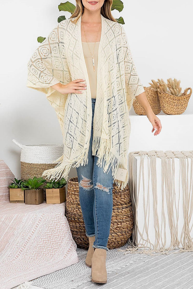 Crochet diamond pattern fringe ruana kimono (DGS5880)