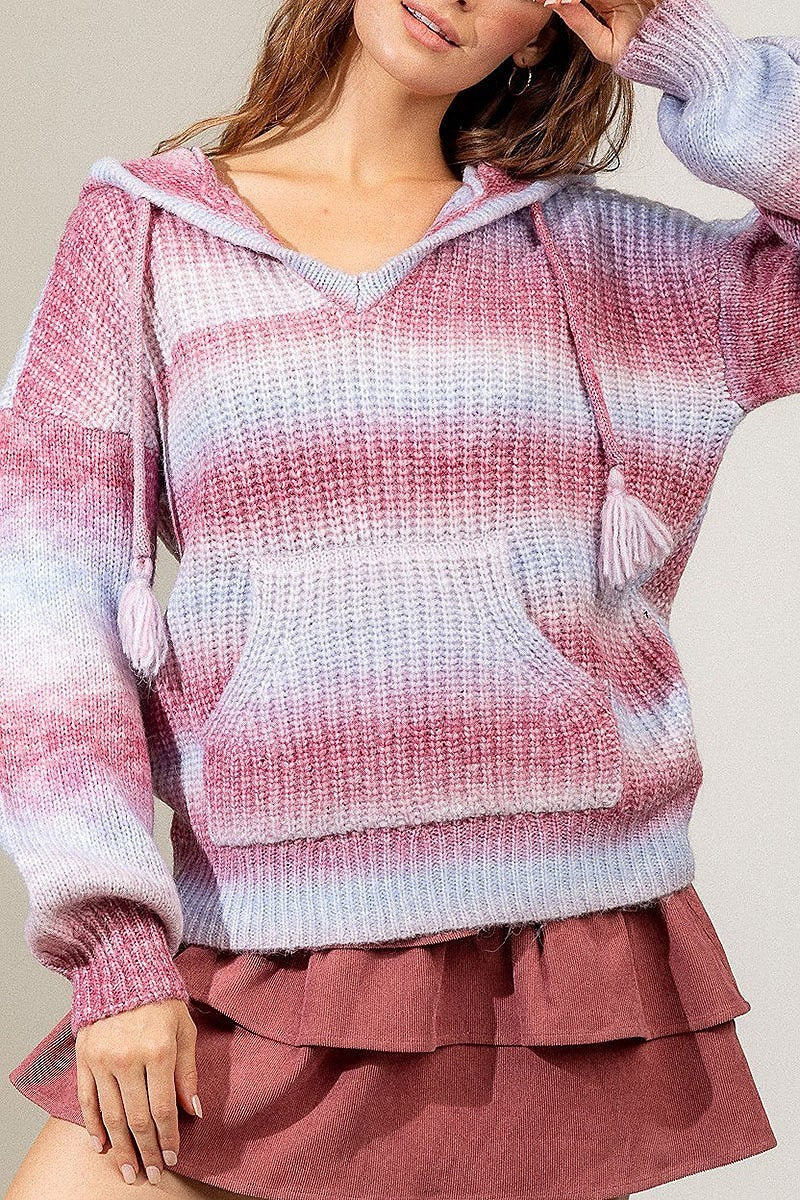 Front pocket detail ombre knit hoodie sweater (DGS5975)