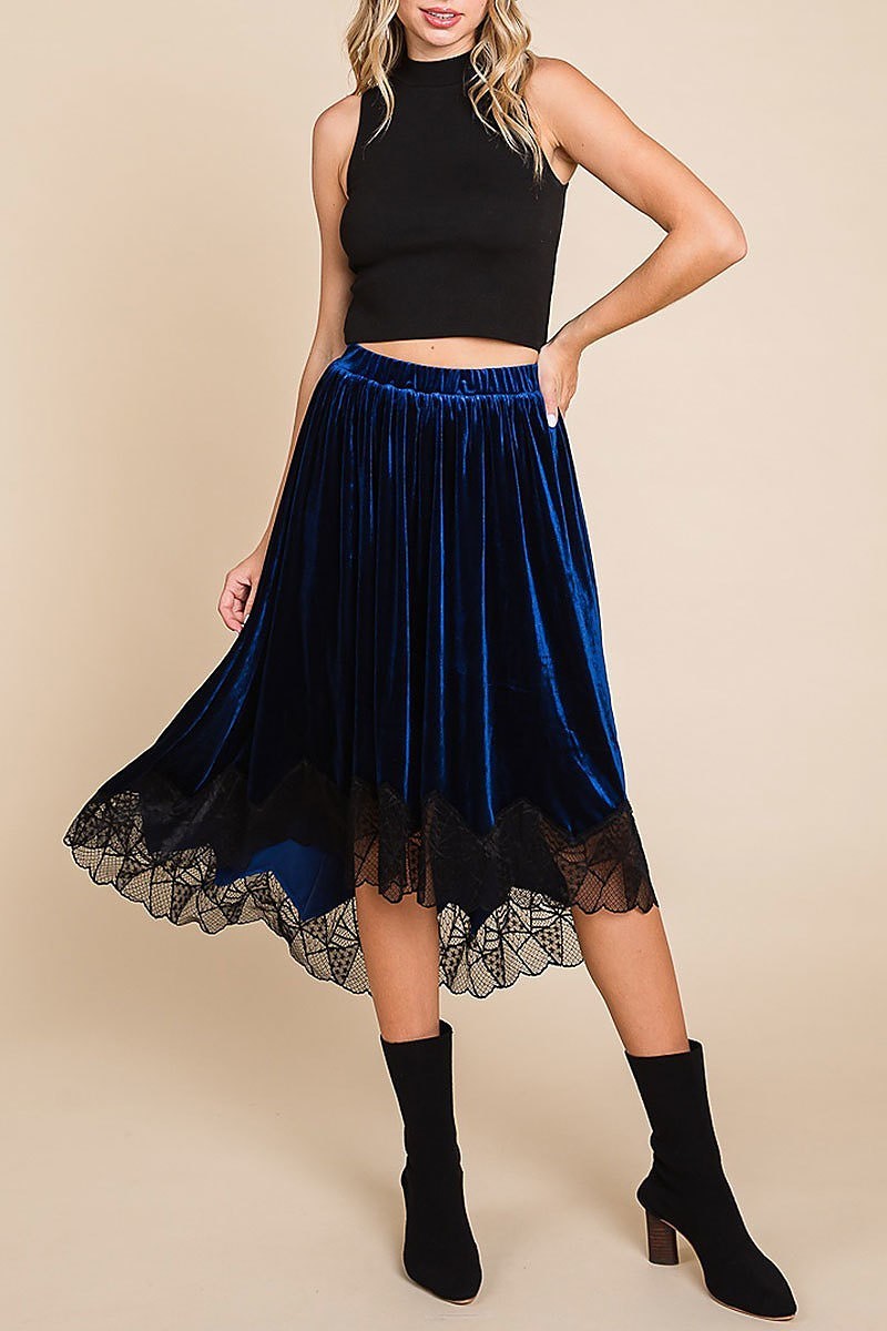 Velvet elastic waistband hi-low midi skirt w lace (EDH1827)