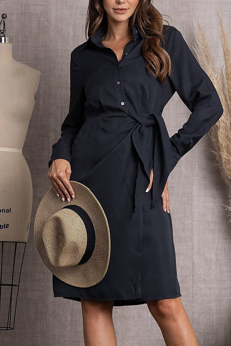 Long sleeve w/side front tie shirt midi dress (EDSW3492)