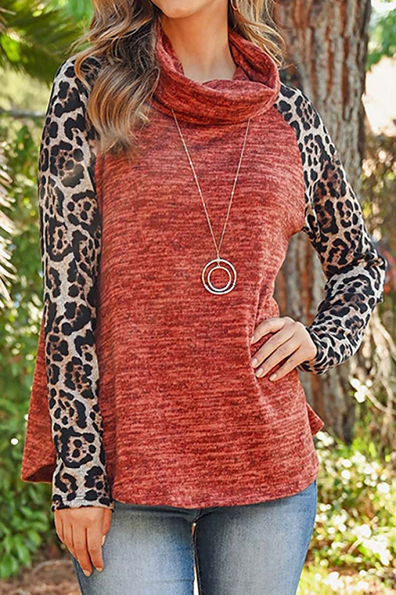 Cowl neck animal print sleeve color block top (ED7844)