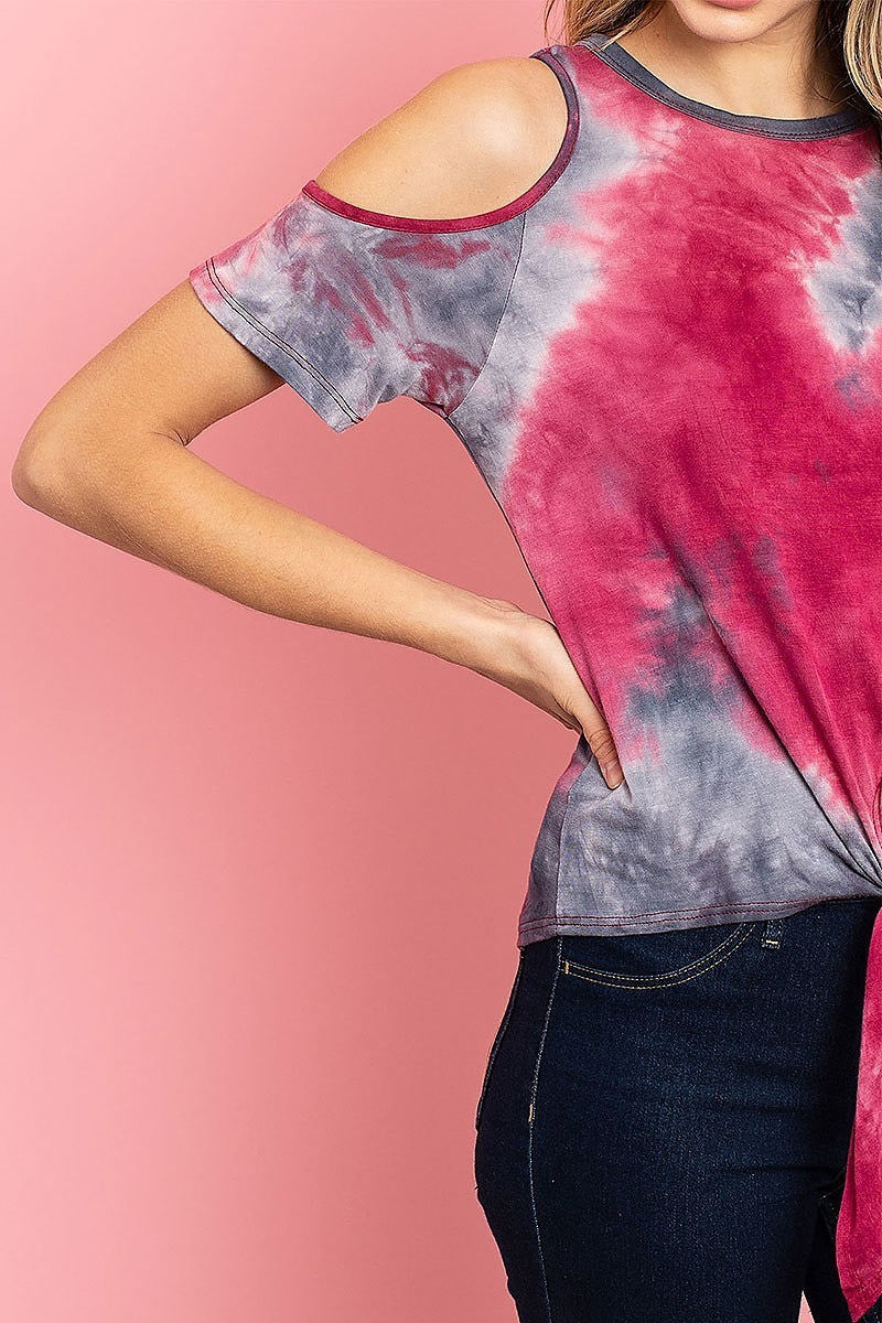 Cutout shoulder waist tie tie dye top (ED7979)