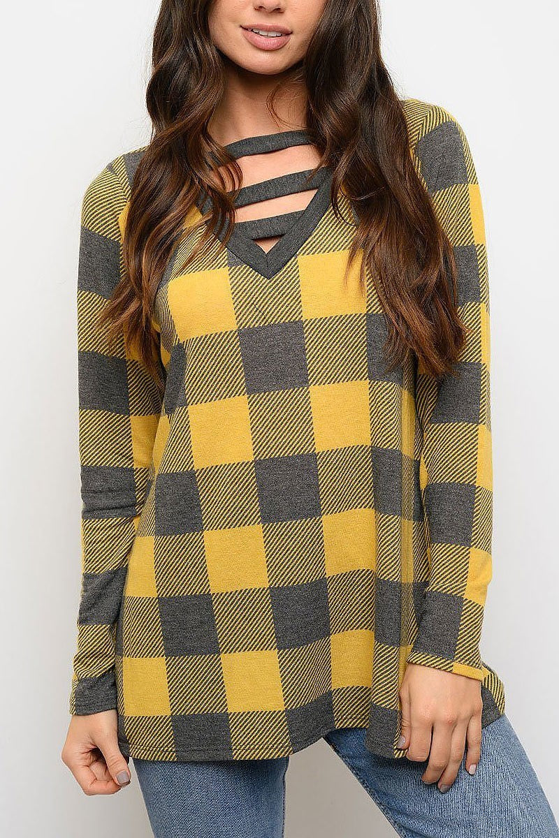 Tunic plaid print long sleeve top (EDWT3301)