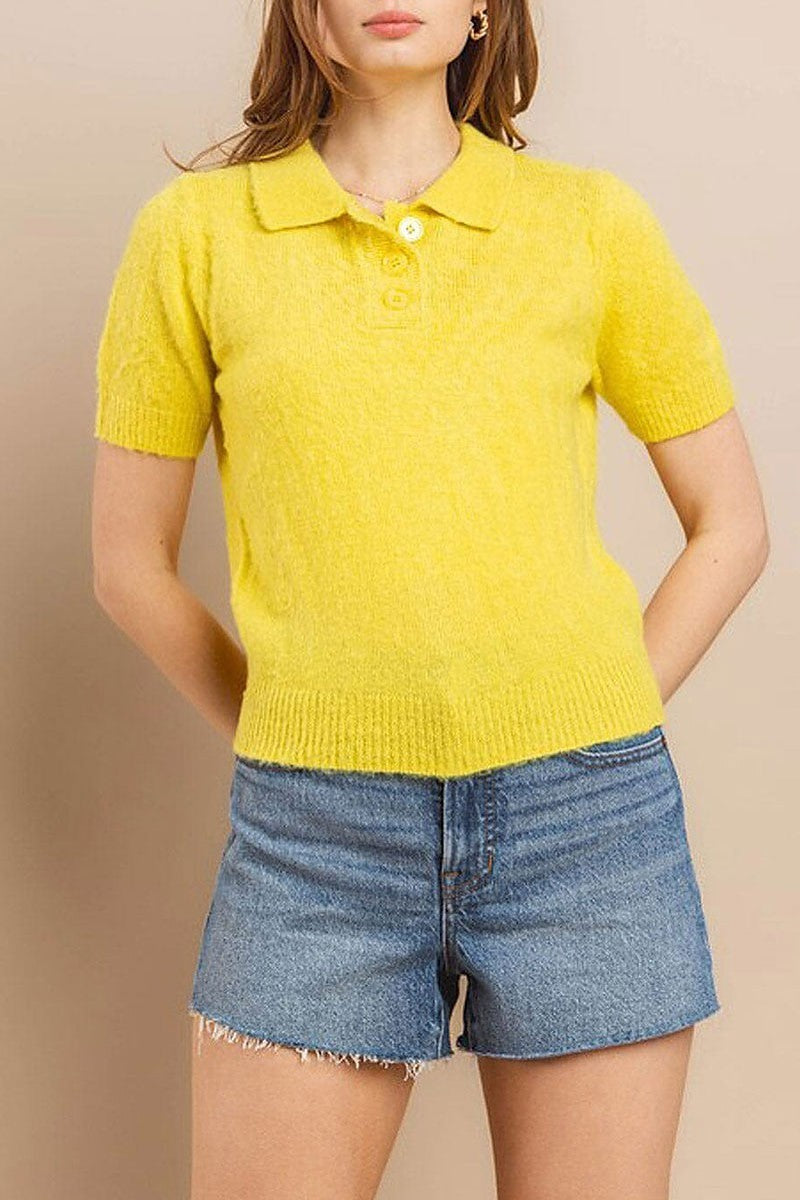 Short sleeve button closure fuzzy blouse top (EGWT1401)