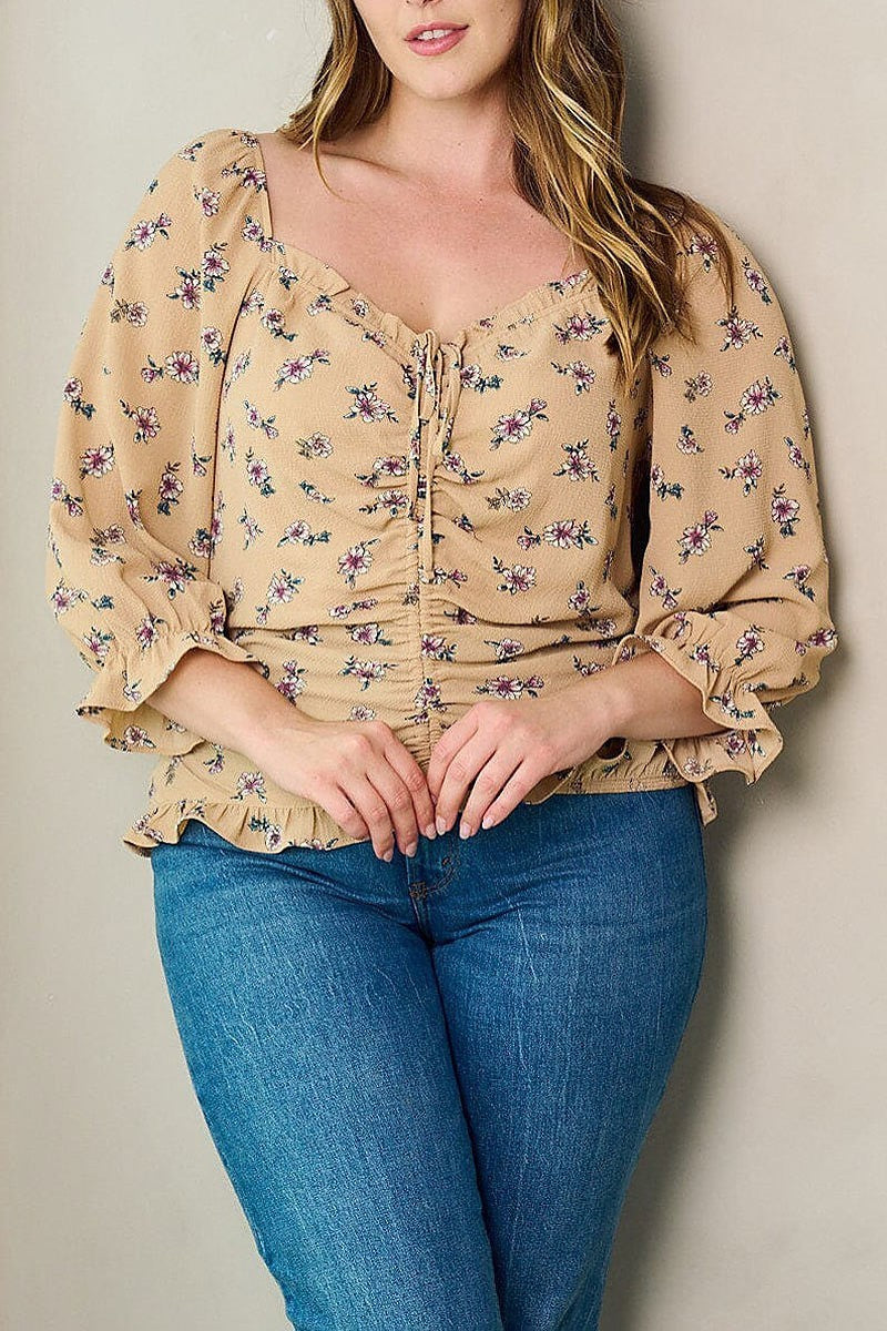 Front ruched floral blouse top (EFWT2936)