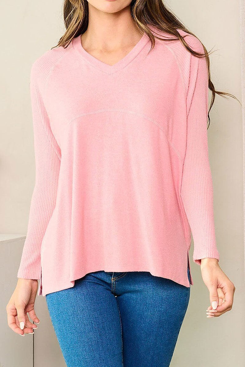 Long sleeve v-neck solid top (EFWT3666)