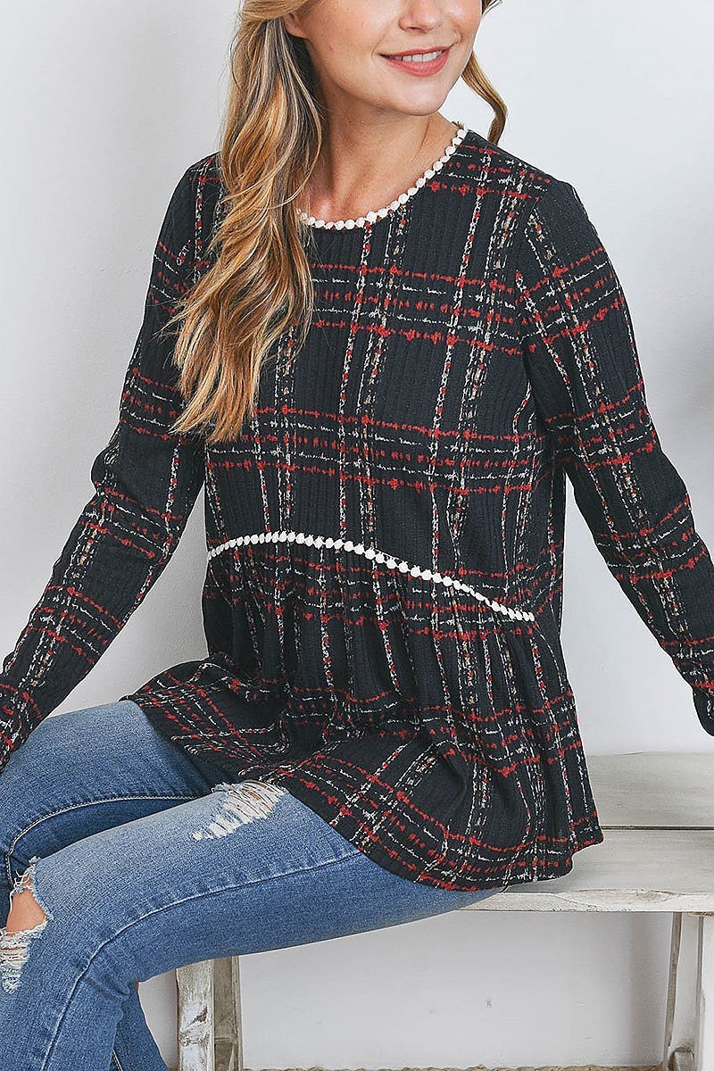 Pompom detail long sleeve plaid top (EF2409)