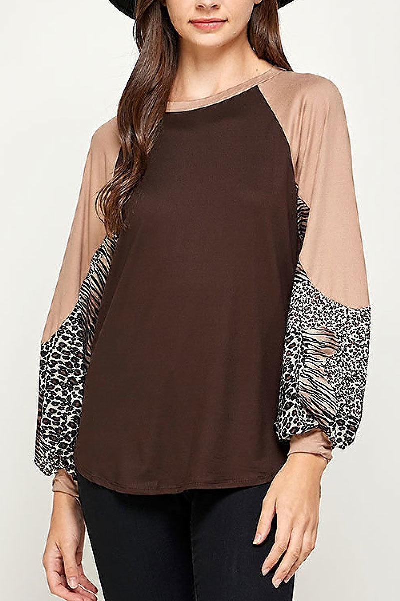 Mix animal print color block bubble sleeve top (EF2380)