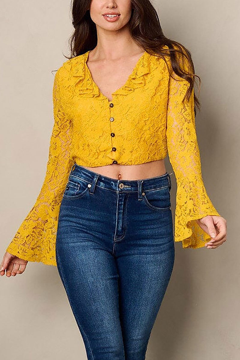 Long bell sleeve ruffle button up crop top (EFWT2249)