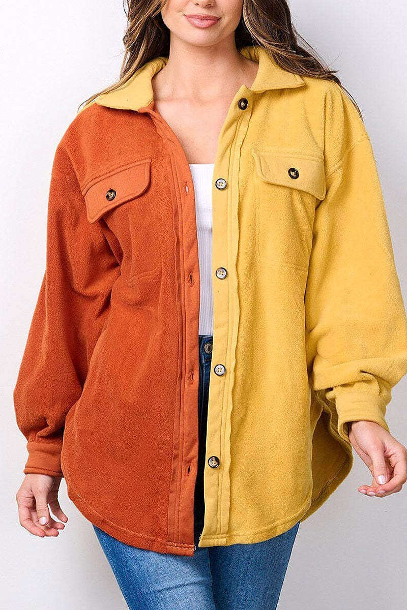 Long sleeve button up oversized colorblock top (EFWT7491)