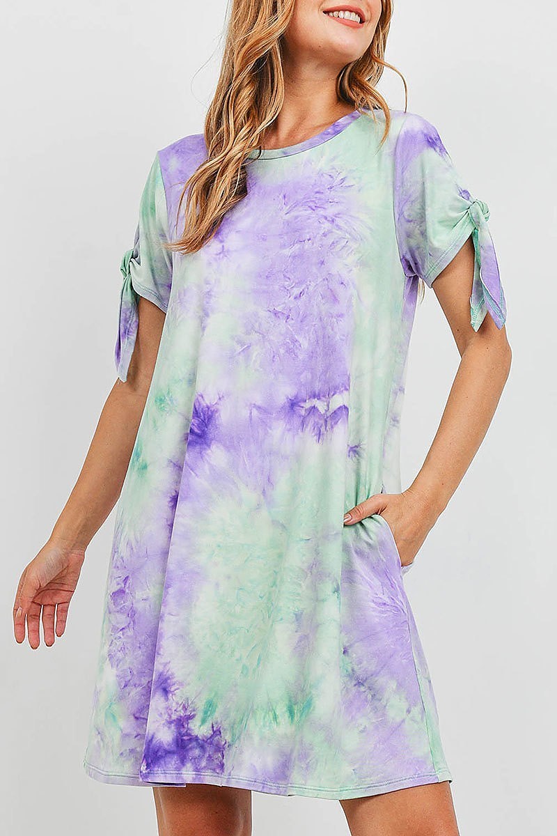 Tie sleeve round neck tie dye dress with inseam pocket (DED6587)