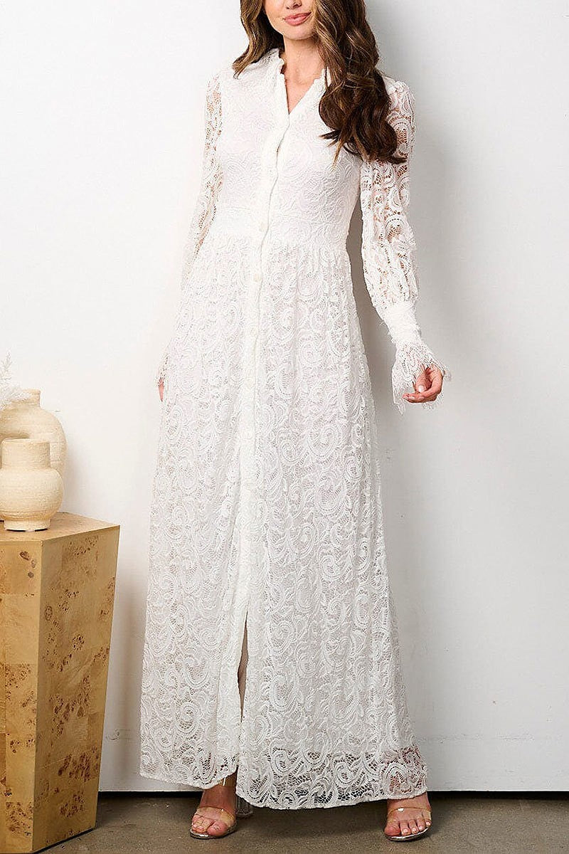 Long sleeve button up all over lace maxi dress (EFWT7817)