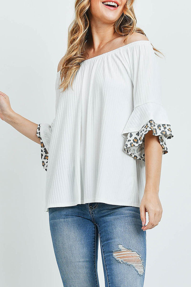 Off shoulder brushed rib bell leopard sleeves top (ED9767)