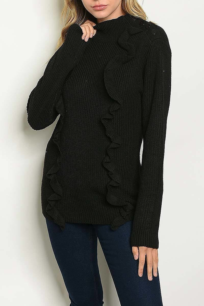 Mock neck button trimmed ruffle front sweater (DGS3460)