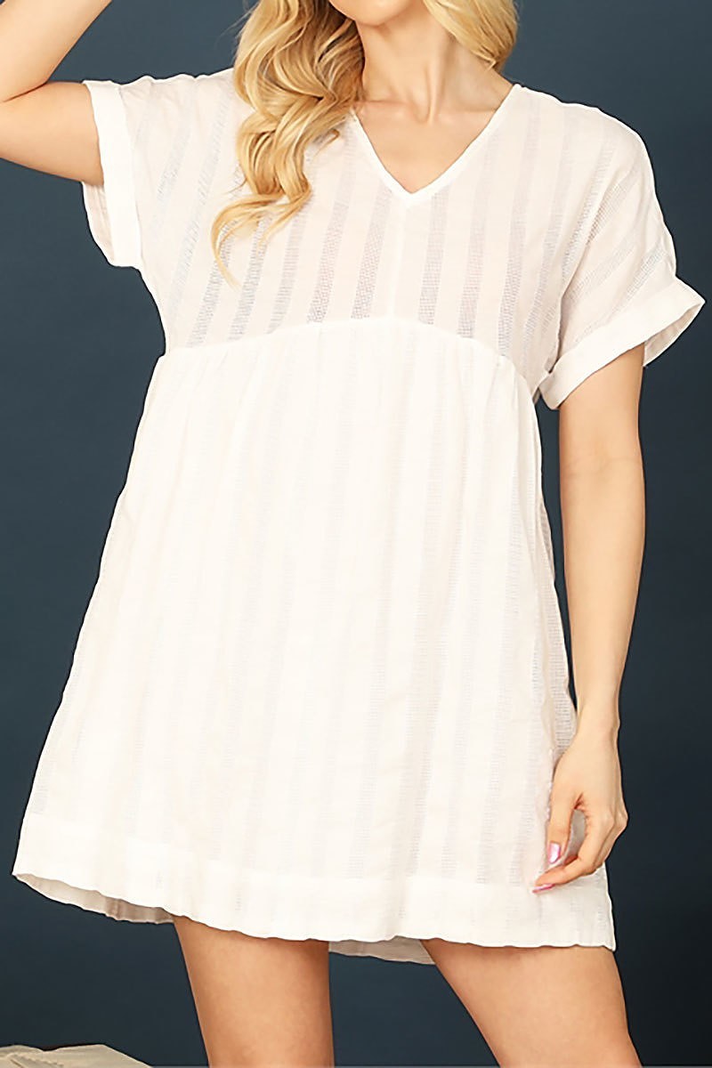 V-neck short sleeve textured babydoll dress (DED9273)