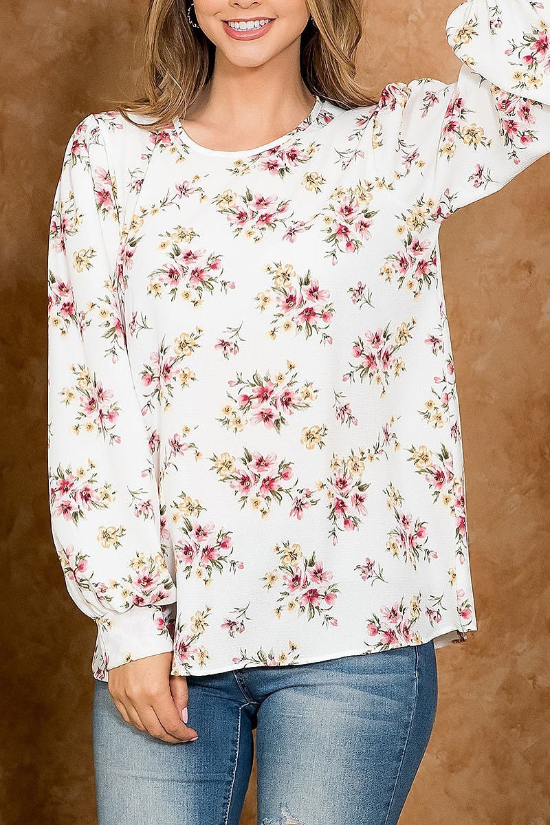 Floral long sleeve keyhole back top (ED4552)