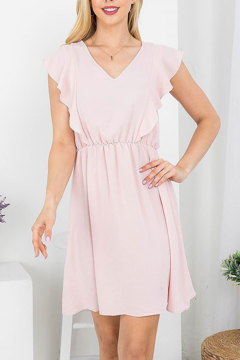 V neck ruffle sleeve a line dress (DED7826)