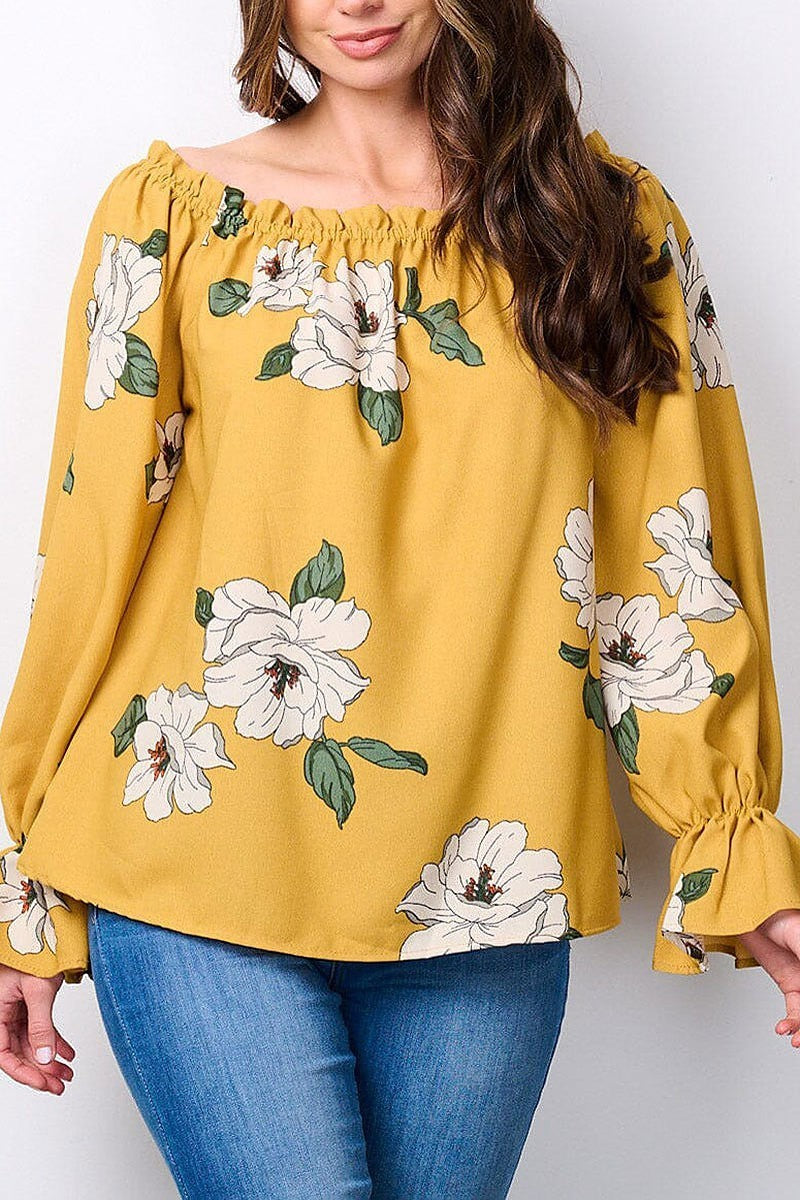 Long sleeve elastic neck floral blouse top (EFWT7481)