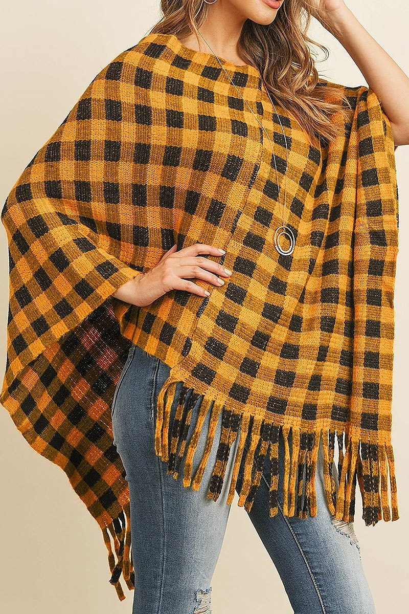 Fringe detail buffalo plaid poncho kimono (DGS4956)