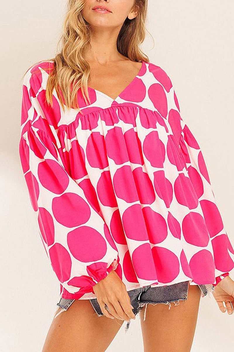 Long sleeve v-neck tunic printed blouse top (EFWT7124)