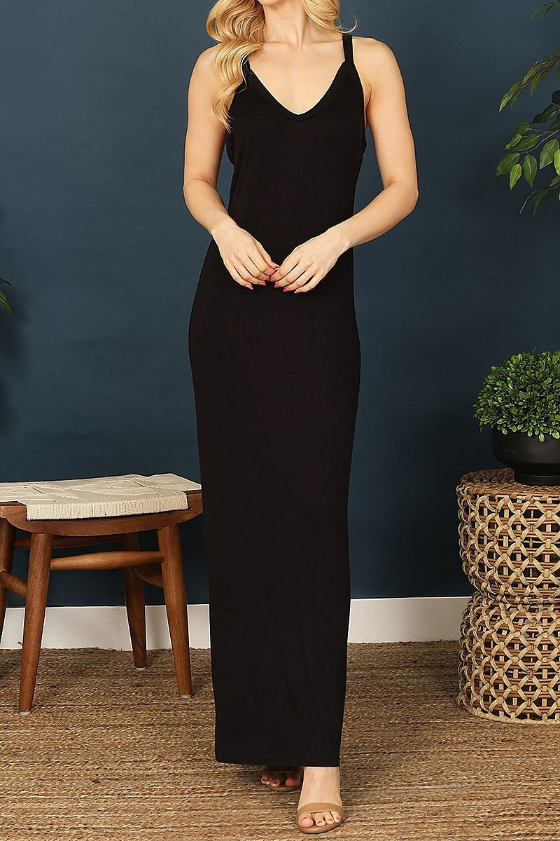 V-neck spaghetti strap solid maxi dress (DED9249)