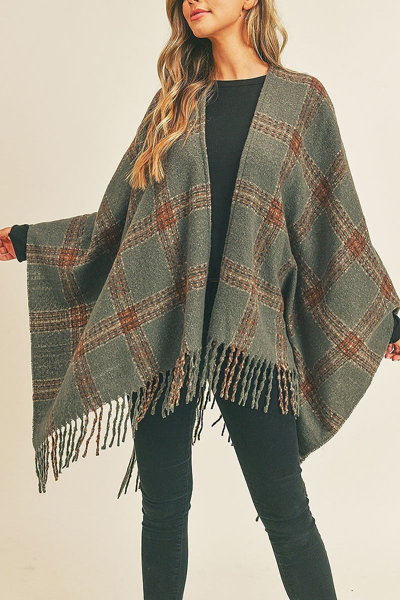 Fringe detail plaid pattern ruana kimono (DGS5732)