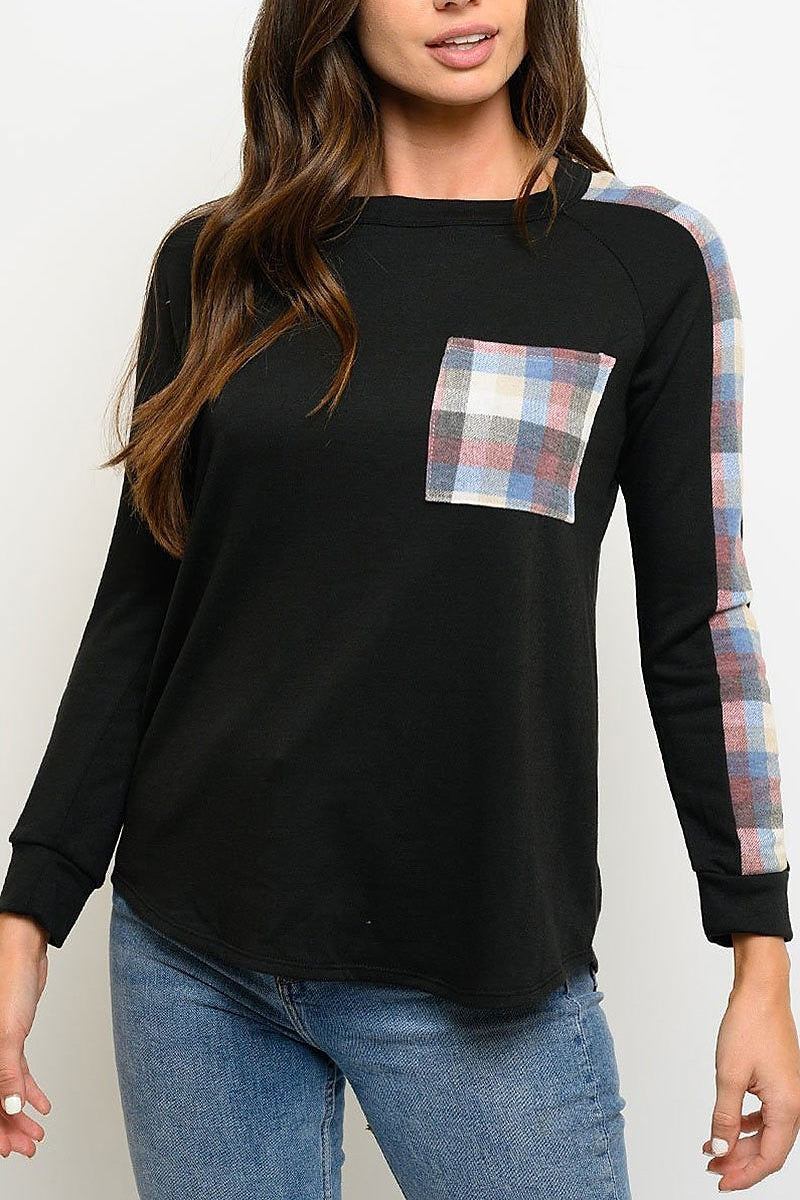 Plaid long sleeve front pocket top (EDWT3177)