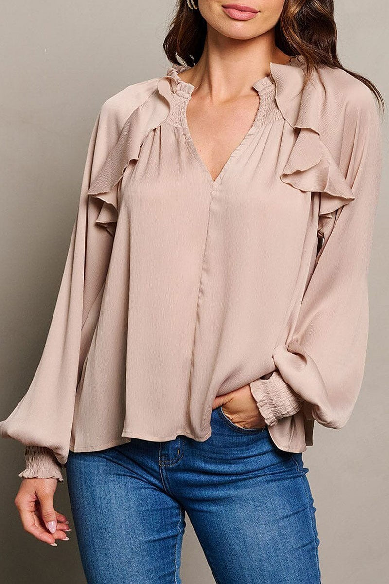 Long sleeve v-neck ruffle blouse top (EGWT1714)