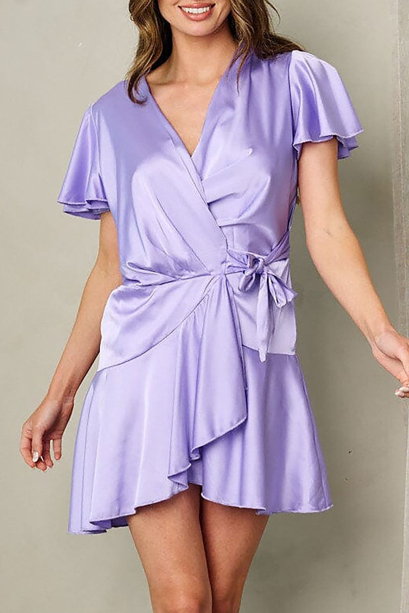 Short sleeve wrap ruffle mini dress (EFWT2844)