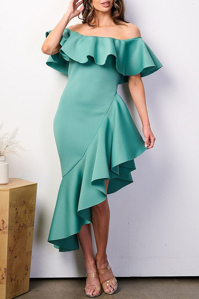 Off shoulder ruffle bandage high-low midi dress (EFWT8508)