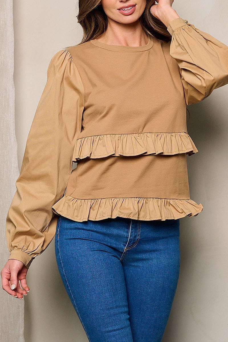 Long sleeves ruffle detailed top (EFWT4406)