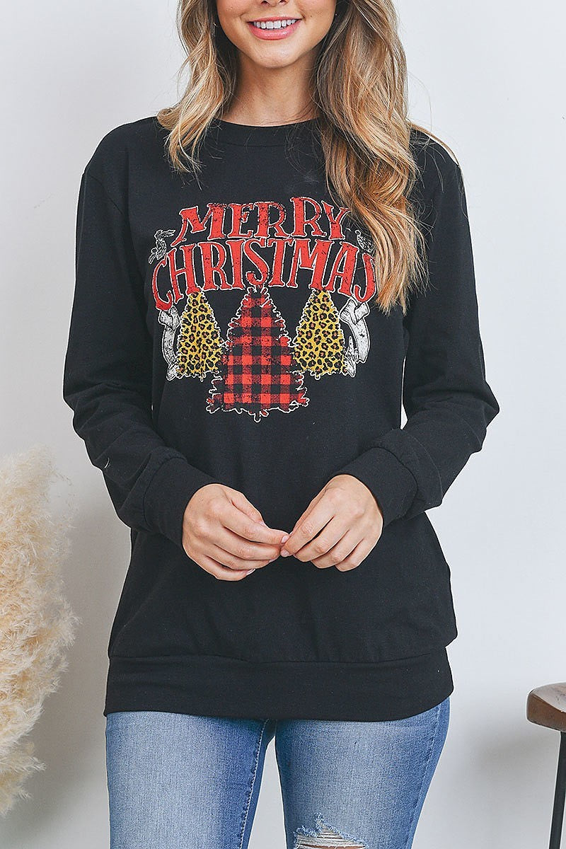 Merry christmas print long sleeve pullover top (EF2749)