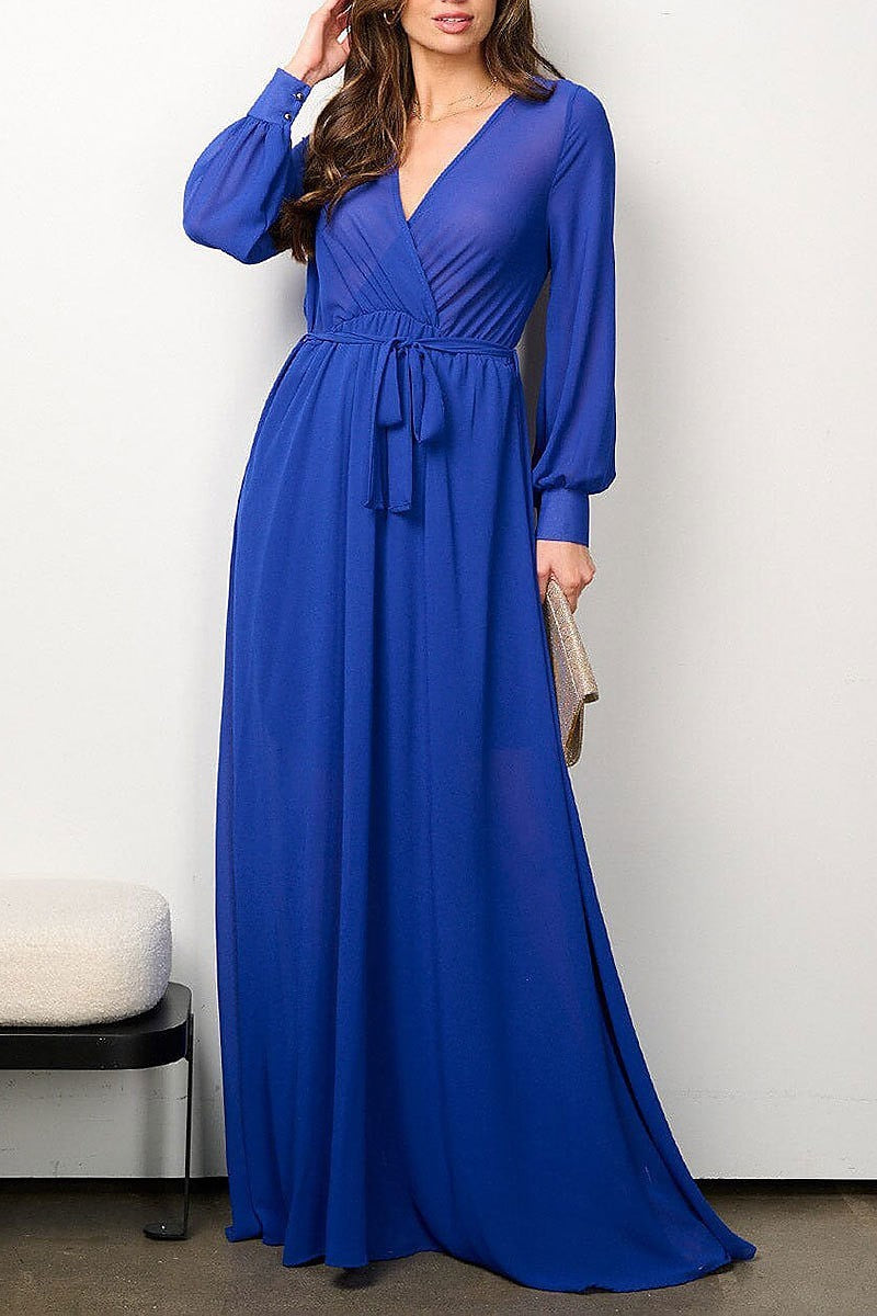 Long sleeve elastic waist surplice mesh maxi dress (EFWT6916)