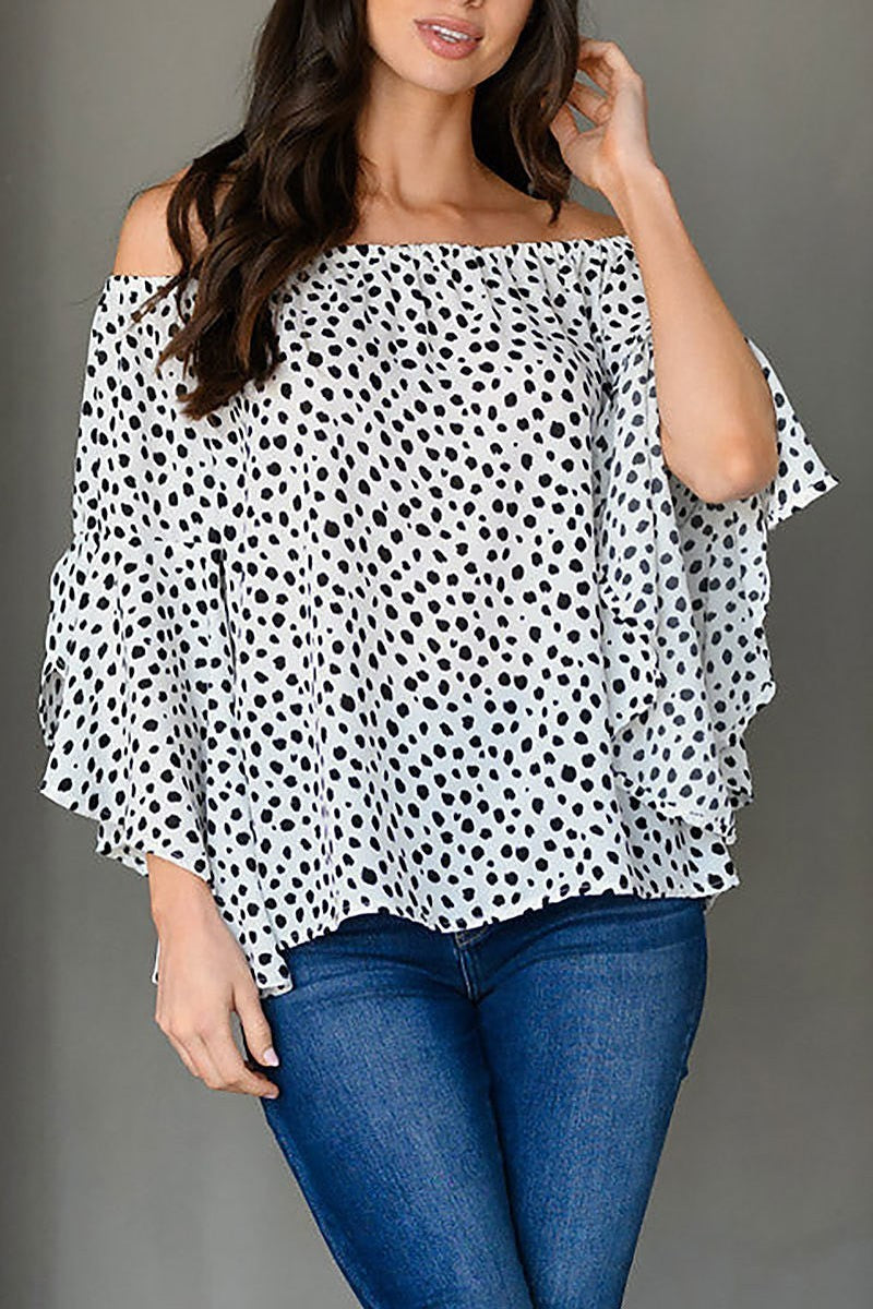 Off shoulder bell sleeve animal print tunic top (EDWT9403)