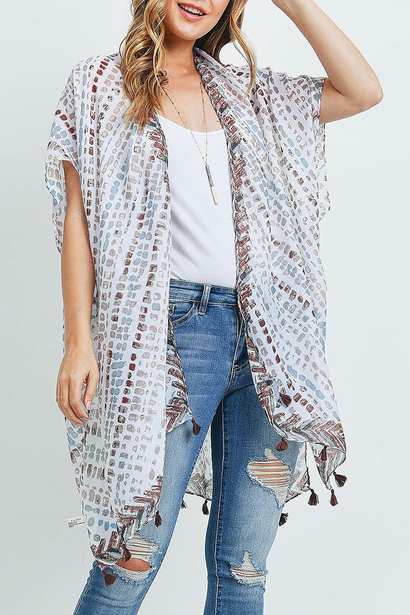 Multi color dash pattern tassel kimono top (ED9448)