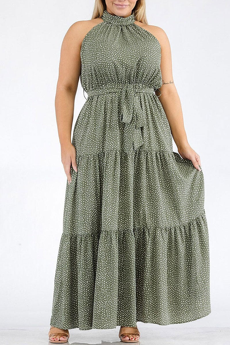 Halter neck elastic waist polka dots maxi dress (EGWT2191)